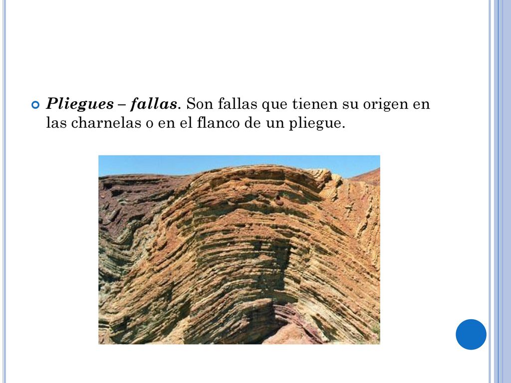 Pliegues – fallas. Son fallas que tienen su origen en las charnelas o en el flanco de un pliegue.