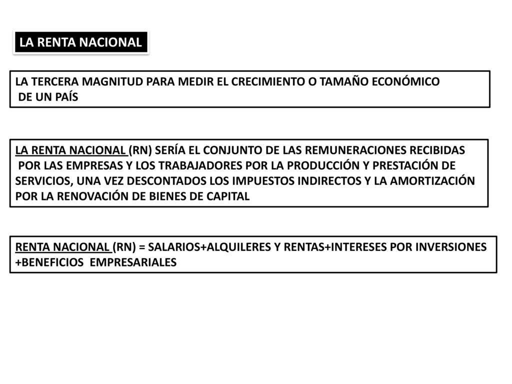 LA RENTA NACIONAL LA TERCERA MAGNITUD PARA MEDIR EL CRECIMIENTO O TAMAÑO ECONÓMICO. DE UN PAÍS.