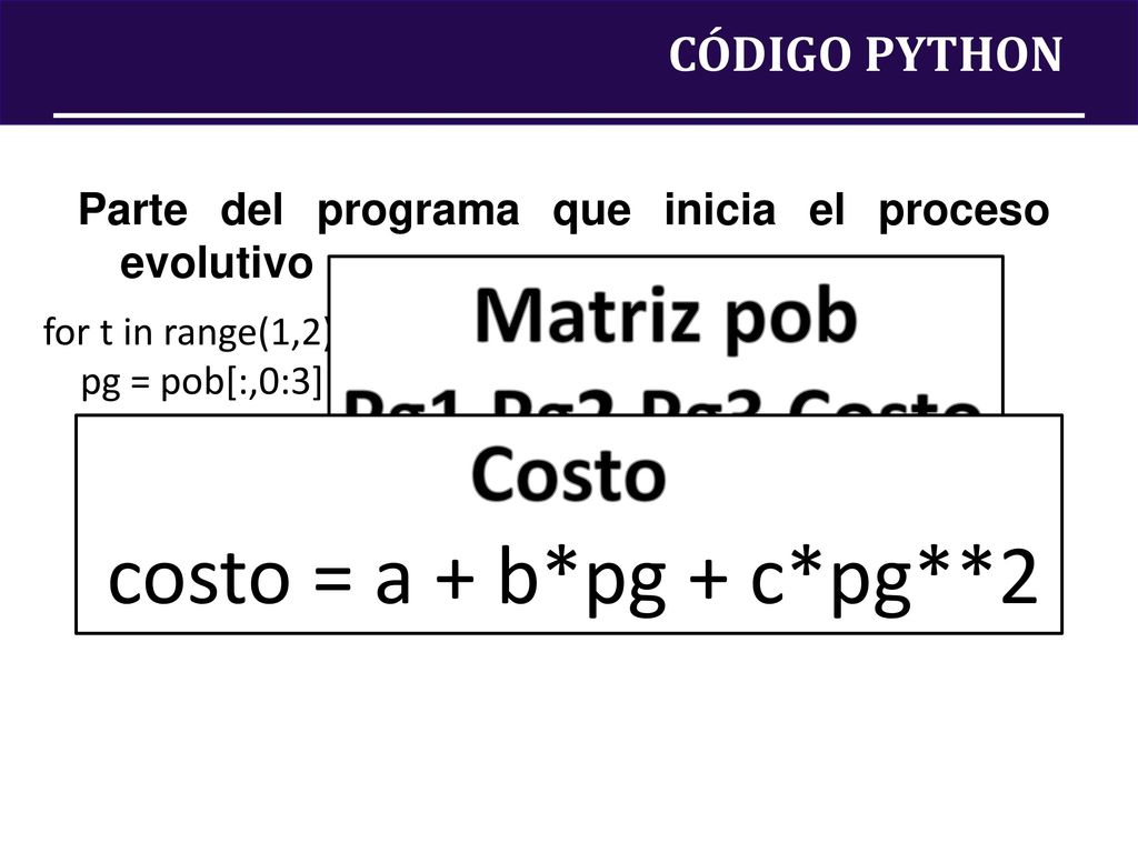 Matriz pob Pg1 Pg2 Pg3 Costo Costo costo = a + b*pg + c*pg**2
