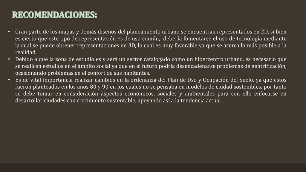 Se determinó el estudio prospectivo para el año 2050, tanto de población como vivienda, mediante la aplicación del método geométrico cuyo resultado fue 3239 habitantes y 2201 viviendas, de los cuales 1692 corresponden a departamentos.