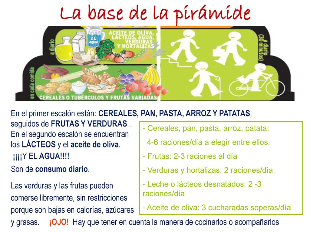La base de la pirámide En el primer escalón están: CEREALES, PAN, PASTA, ARROZ Y PATATAS, seguidos de FRUTAS Y VERDURAS...