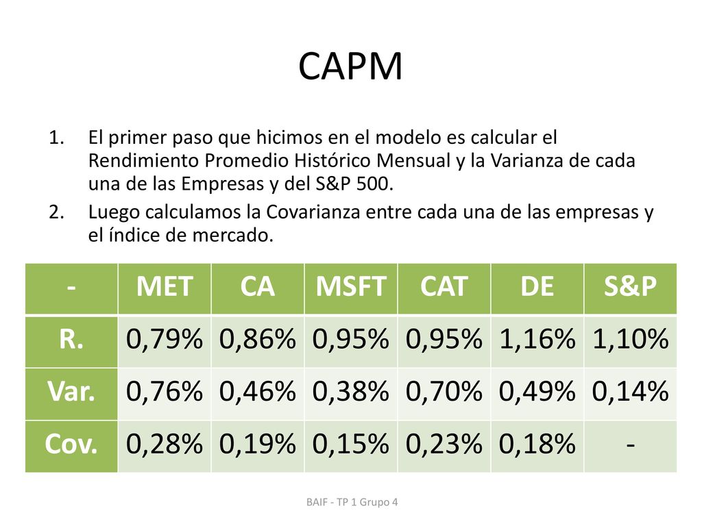 CAPM - MET CA MSFT CAT DE S&P R. 0,79% 0,86% 0,95% 1,16% 1,10% Var.