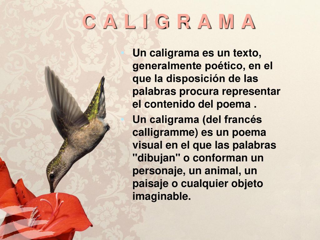 CALIGRAMA Un caligrama es un texto, generalmente poético, en el que la disposición de las palabras procura representar el contenido del poema .