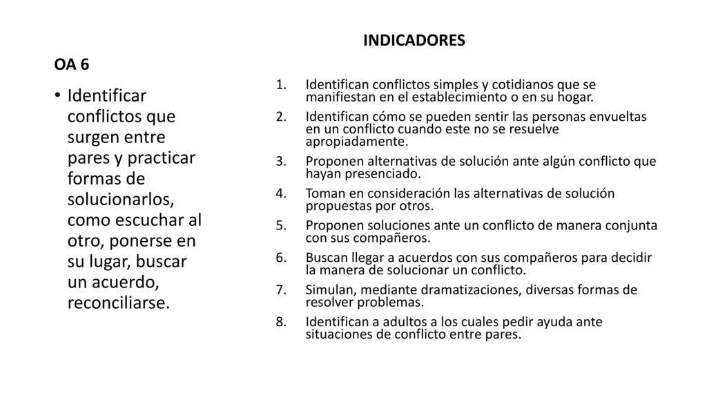OA 6 INDICADORES. Identifican conflictos simples y cotidianos que se manifiestan en el establecimiento o en su hogar.