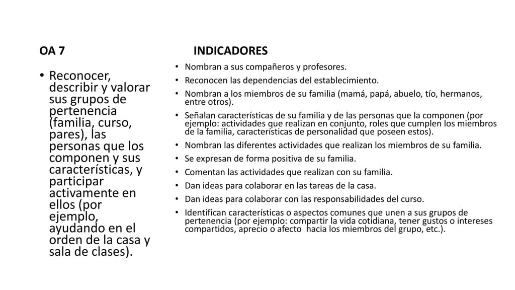OA 7 INDICADORES. Nombran a sus compañeros y profesores. Reconocen las dependencias del establecimiento.
