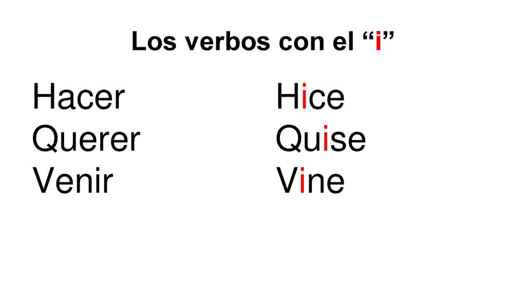 Los verbos con el i Hacer Querer Venir Hice Quise Vine