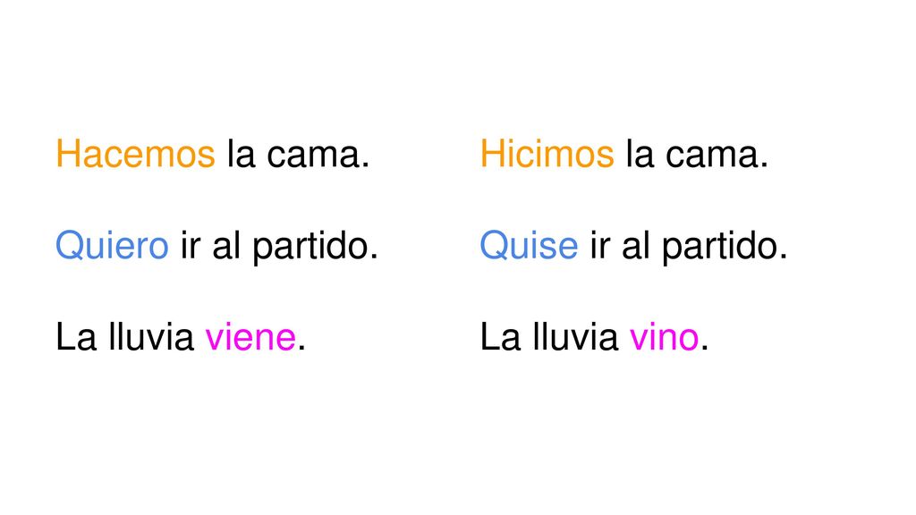Hacemos la cama. Quiero ir al partido. La lluvia viene.
