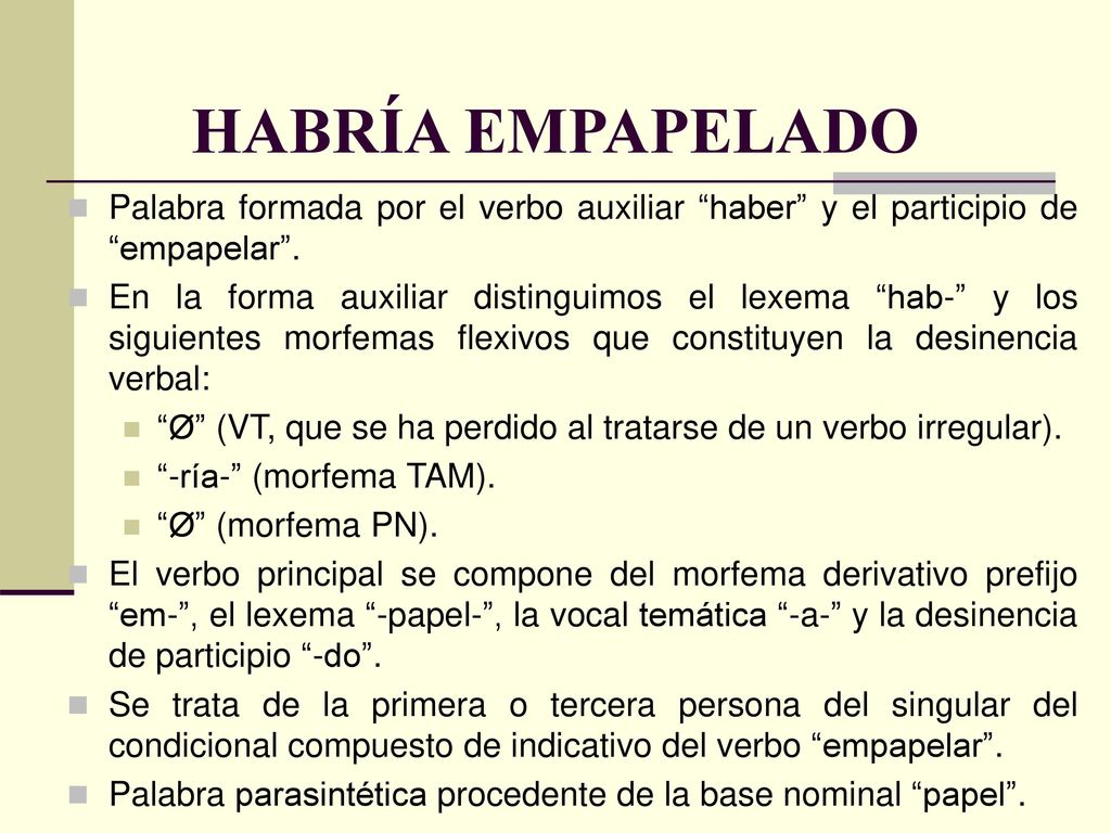 HABRÍA EMPAPELADO Palabra formada por el verbo auxiliar haber y el participio de empapelar .