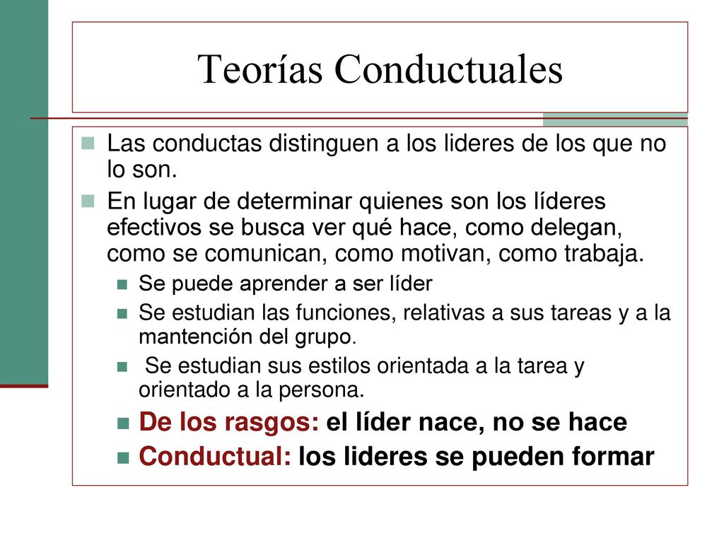 Teorías Conductuales De los rasgos: el líder nace, no se hace