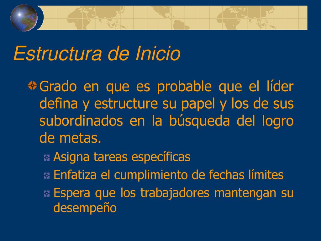 Estructura de Inicio Grado en que es probable que el líder defina y estructure su papel y los de sus subordinados en la búsqueda del logro de metas.
