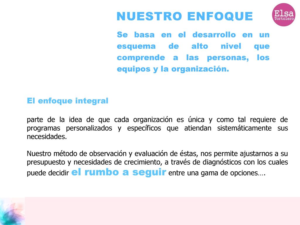 NUESTRO ENFOQUE Se basa en el desarrollo en un esquema de alto nivel que comprende a las personas, los equipos y la organización.