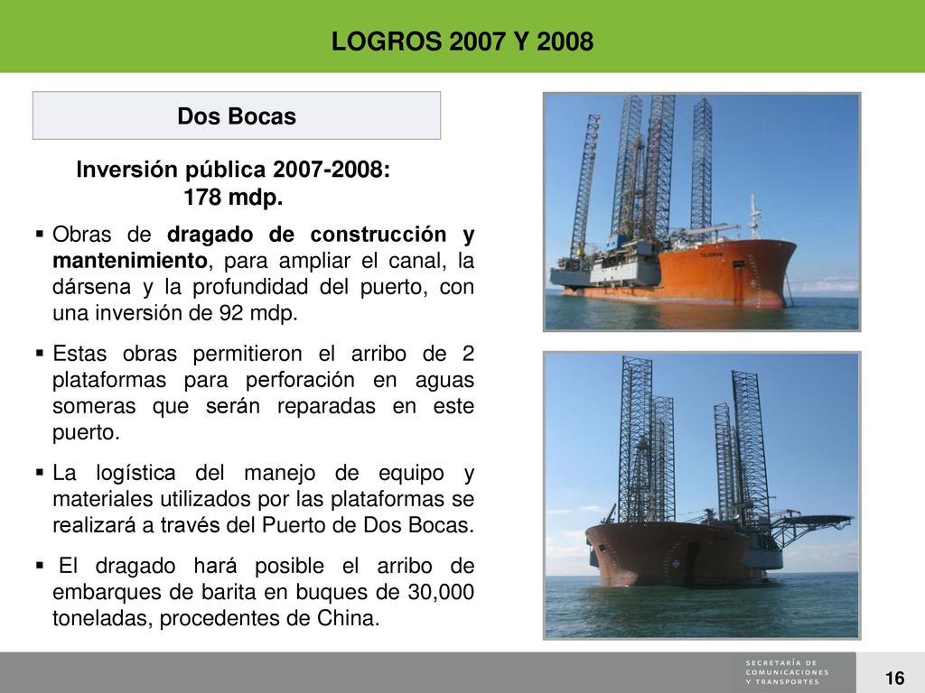 LOGROS 2007 Y 2008 Dos Bocas Inversión pública : 178 mdp.