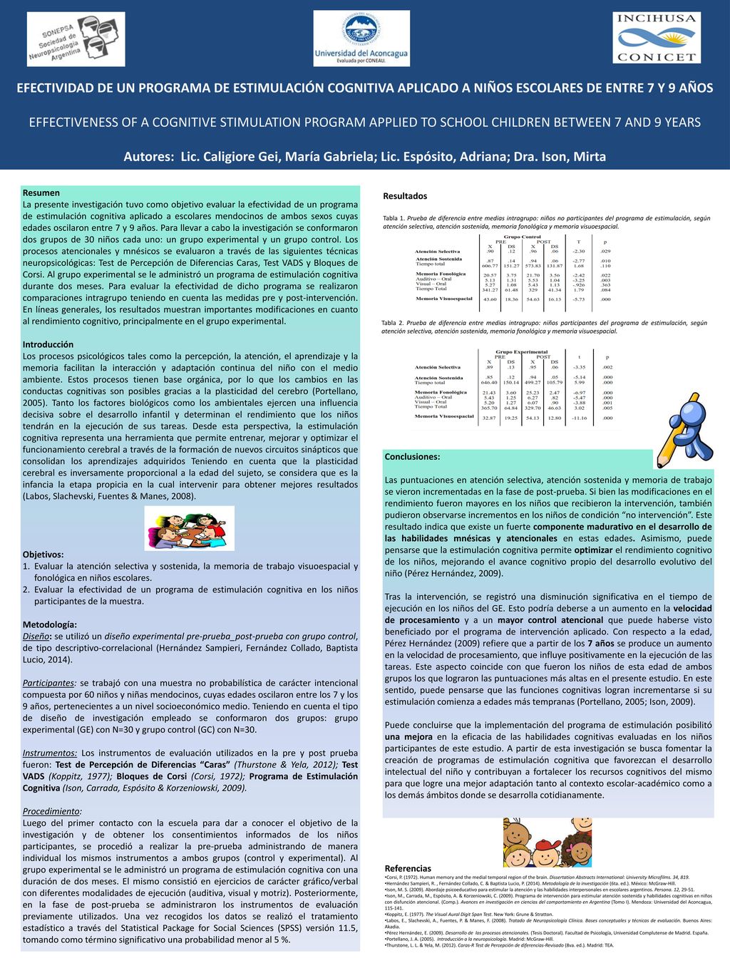 EFECTIVIDAD DE UN PROGRAMA DE ESTIMULACIÓN COGNITIVA APLICADO A NIÑOS ESCOLARES DE ENTRE 7 Y 9 AÑOS EFFECTIVENESS OF A COGNITIVE STIMULATION PROGRAM APPLIED TO SCHOOL CHILDREN BETWEEN 7 AND 9 YEARS Autores: Lic. Caligiore Gei, María Gabriela; Lic. Espósito, Adriana; Dra. Ison, Mirta