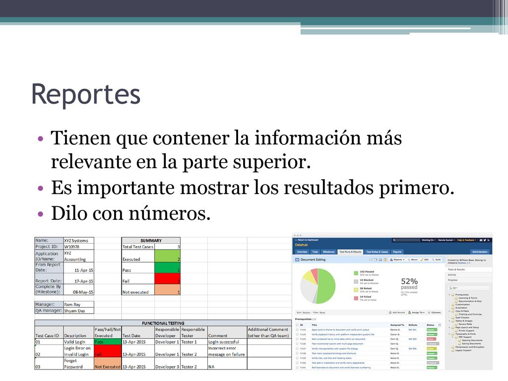 Reportes Tienen que contener la información más relevante en la parte superior. Es importante mostrar los resultados primero.