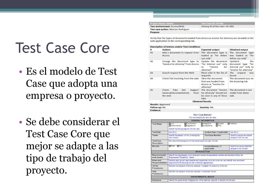 Test Case Core Es el modelo de Test Case que adopta una empresa o proyecto.
