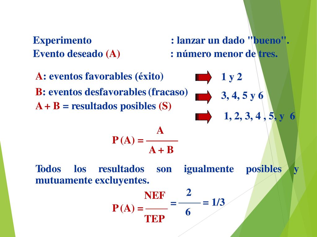 A P (A) = ——— A + B 2  = 1/3 TEP 6 Experimento Evento deseado (A)