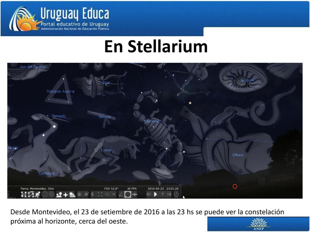 En Stellarium Desde Montevideo, el 23 de setiembre de 2016 a las 23 hs se puede ver la constelación próxima al horizonte, cerca del oeste.