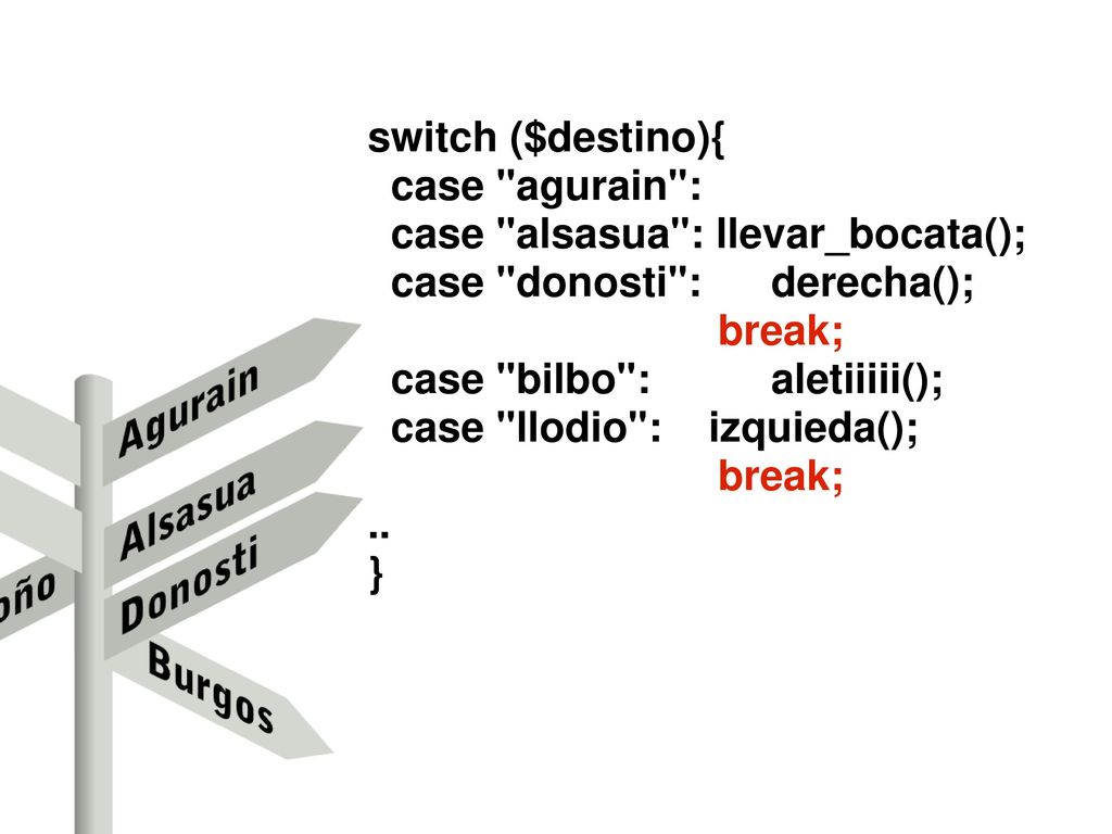 switch ($destino){ case agurain : case alsasua : llevar_bocata(); case donosti : derecha(); break;