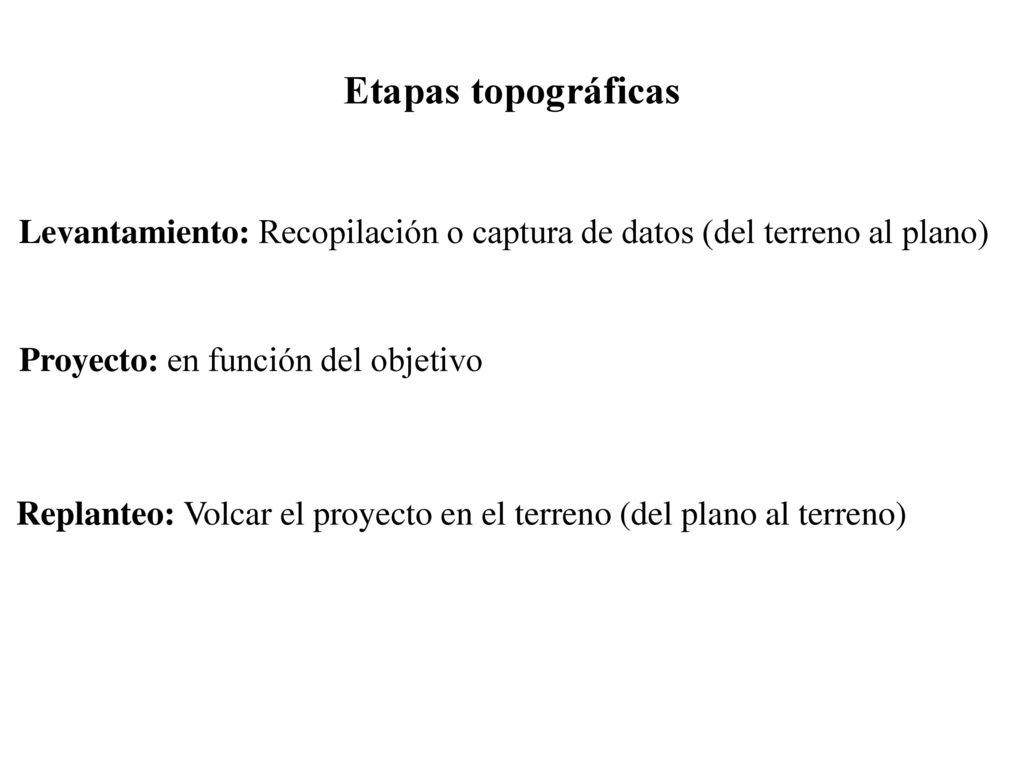 Etapas topográficas Levantamiento: Recopilación o captura de datos (del terreno al plano) Proyecto: en función del objetivo.