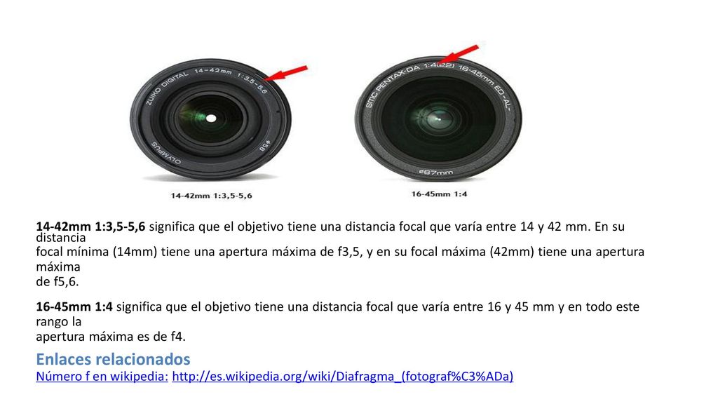 14-42mm 1:3,5-5,6 significa que el objetivo tiene una distancia focal que varía entre 14 y 42 mm. En su distancia