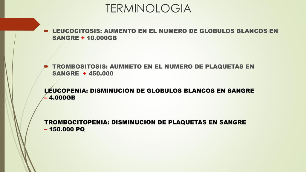 TERMINOLOGIA LEUCOCITOSIS: AUMENTO EN EL NUMERO DE GLOBULOS BLANCOS EN SANGRE GB.