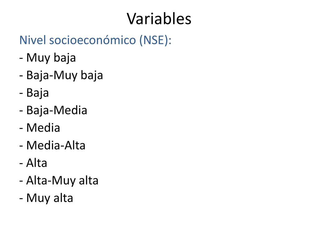 Variables Nivel socioeconómico (NSE): - Muy baja - Baja-Muy baja - Baja - Baja-Media - Media - Media-Alta - Alta - Alta-Muy alta - Muy alta