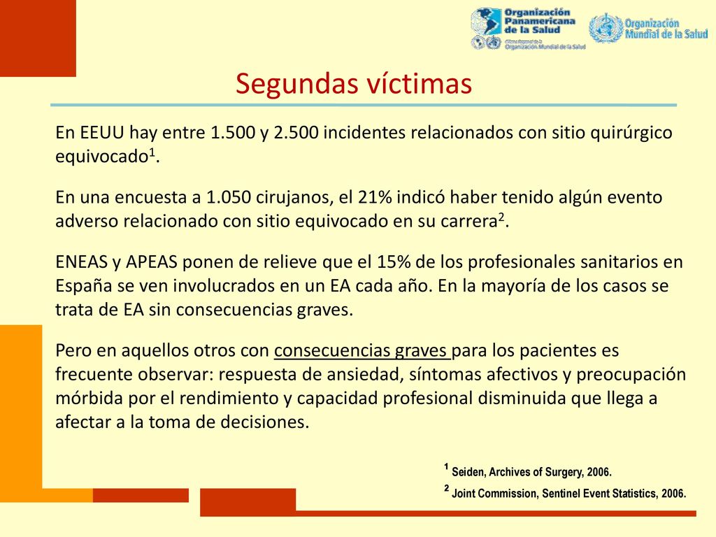 Segundas víctimas En EEUU hay entre y incidentes relacionados con sitio quirúrgico equivocado1.