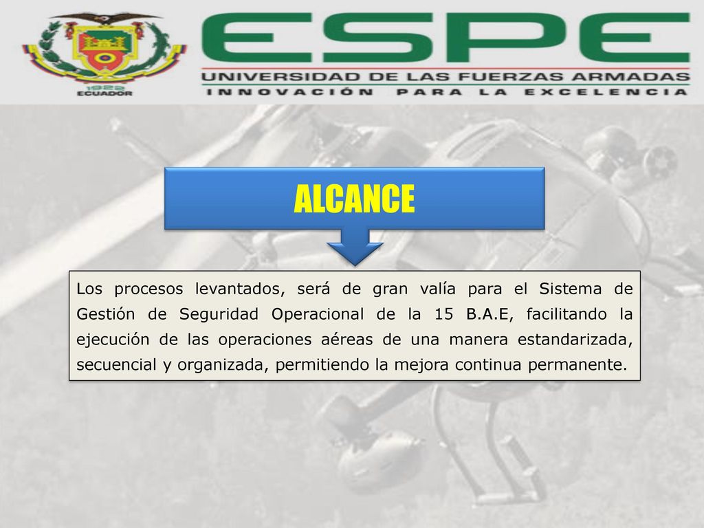 Los procesos levantados, será de gran valía para el Sistema de Gestión de Seguridad Operacional de la 15 B.A.E, facilitando la ejecución de las operaciones aéreas de una manera estandarizada, secuencial y organizada, permitiendo la mejora continua permanente.