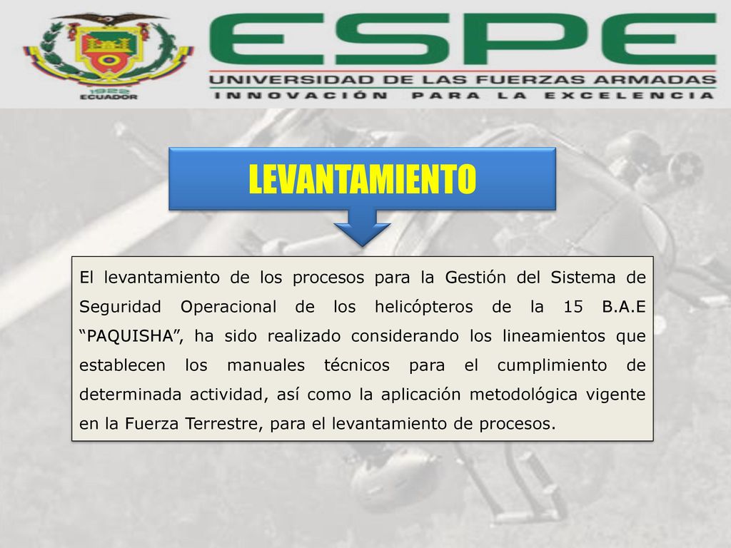 El levantamiento de los procesos para la Gestión del Sistema de Seguridad Operacional de los helicópteros de la 15 B.A.E PAQUISHA , ha sido realizado considerando los lineamientos que establecen los manuales técnicos para el cumplimiento de determinada actividad, así como la aplicación metodológica vigente en la Fuerza Terrestre, para el levantamiento de procesos.