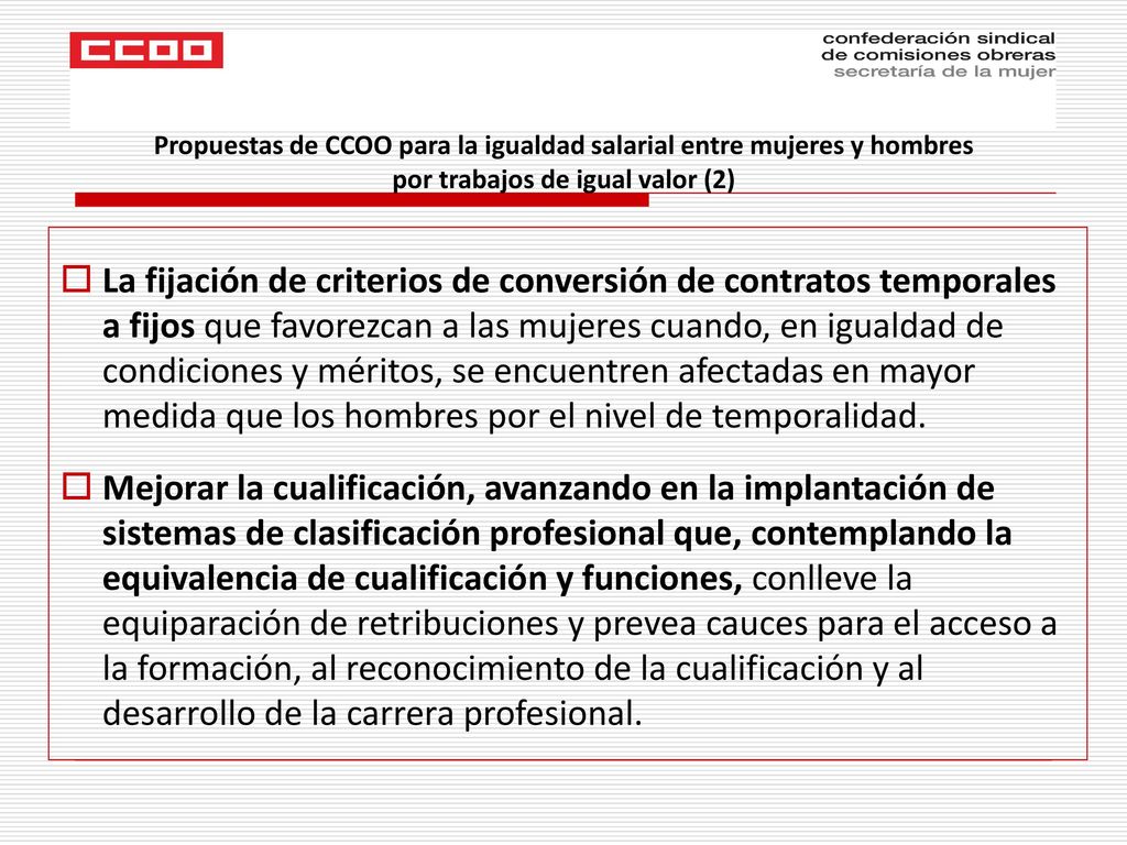 Propuestas de CCOO para la igualdad salarial entre mujeres y hombres por trabajos de igual valor (2)