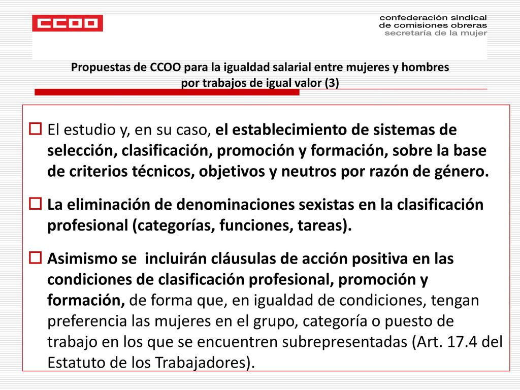 Propuestas de CCOO para la igualdad salarial entre mujeres y hombres por trabajos de igual valor (3)