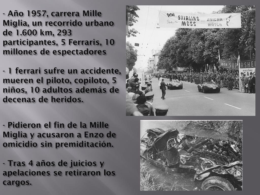 - Año 1957, carrera Mille Miglia, un recorrido urbano de 1