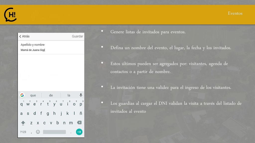 Eventos Genere listas de invitados para eventos. Defina un nombre del evento, el lugar, la fecha y los invitados.