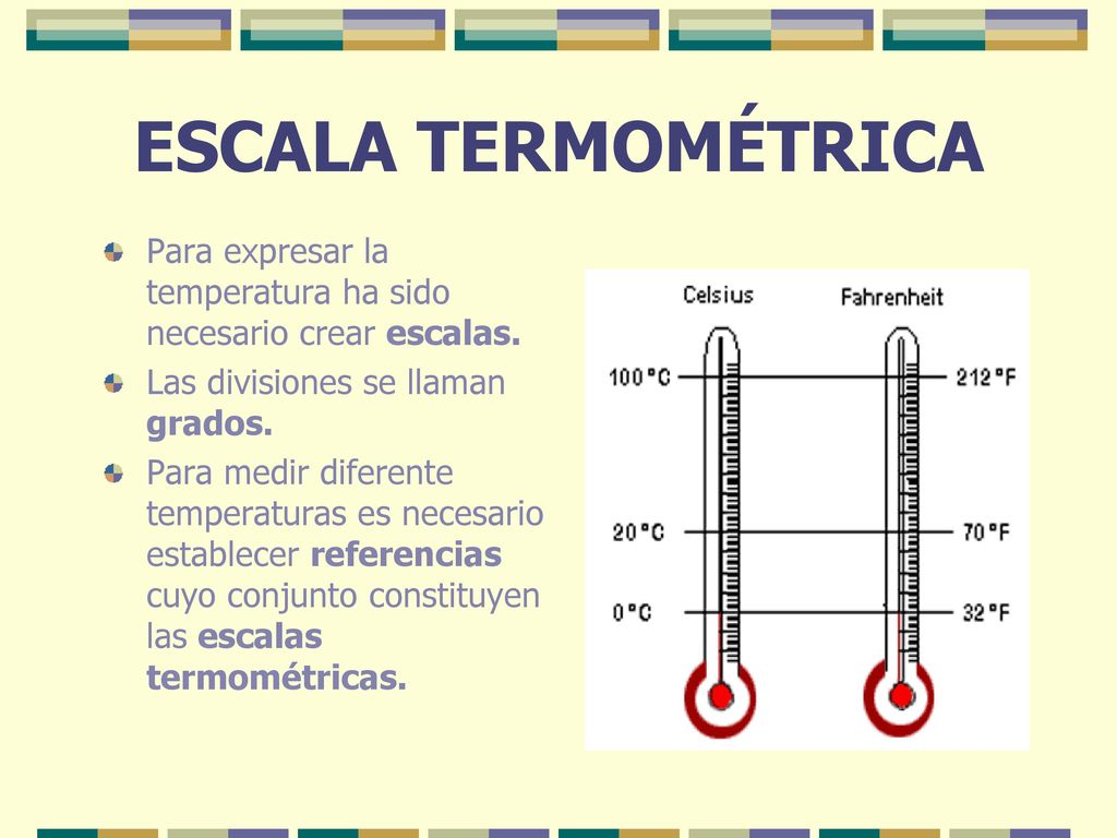 ESCALA TERMOMÉTRICA Para expresar la temperatura ha sido necesario crear escalas. Las divisiones se llaman grados.