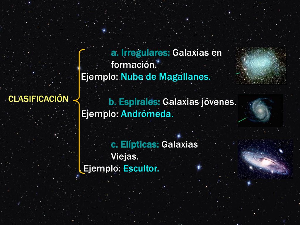 a. Irregulares: Galaxias en formación. Ejemplo: Nube de Magallanes.