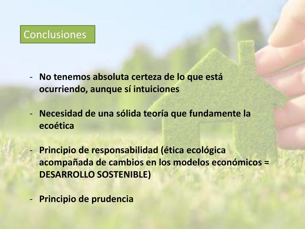 Conclusiones No tenemos absoluta certeza de lo que está ocurriendo, aunque sí intuiciones. Necesidad de una sólida teoría que fundamente la ecoética.