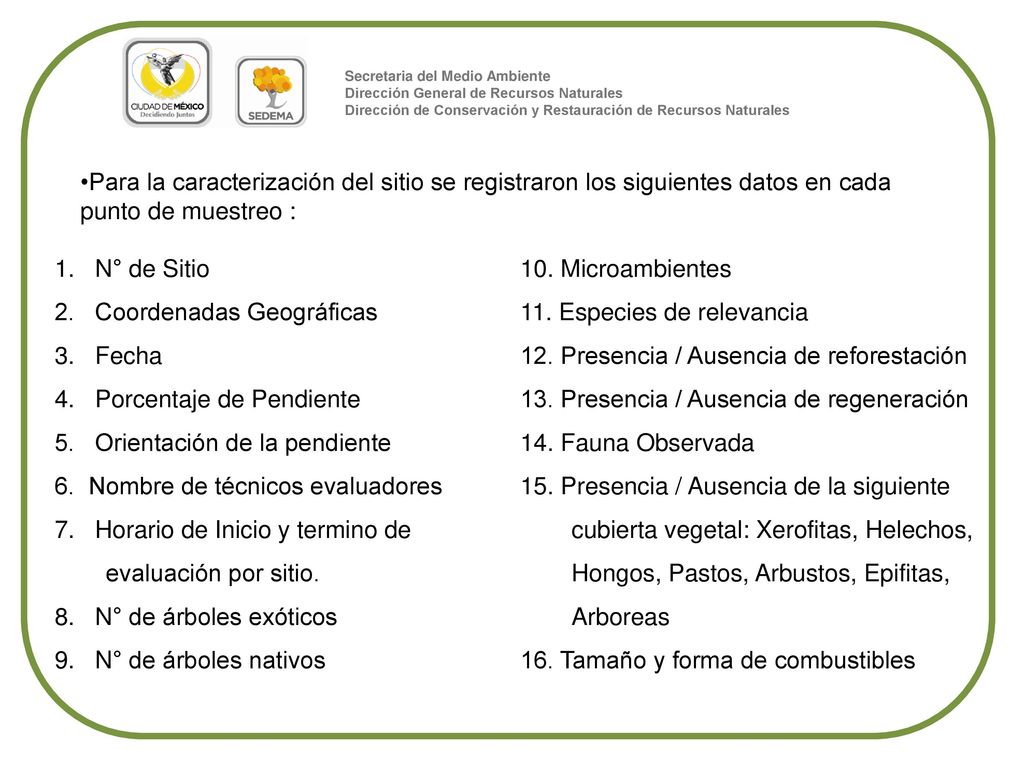 2. Coordenadas Geográficas 11. Especies de relevancia 3. Fecha