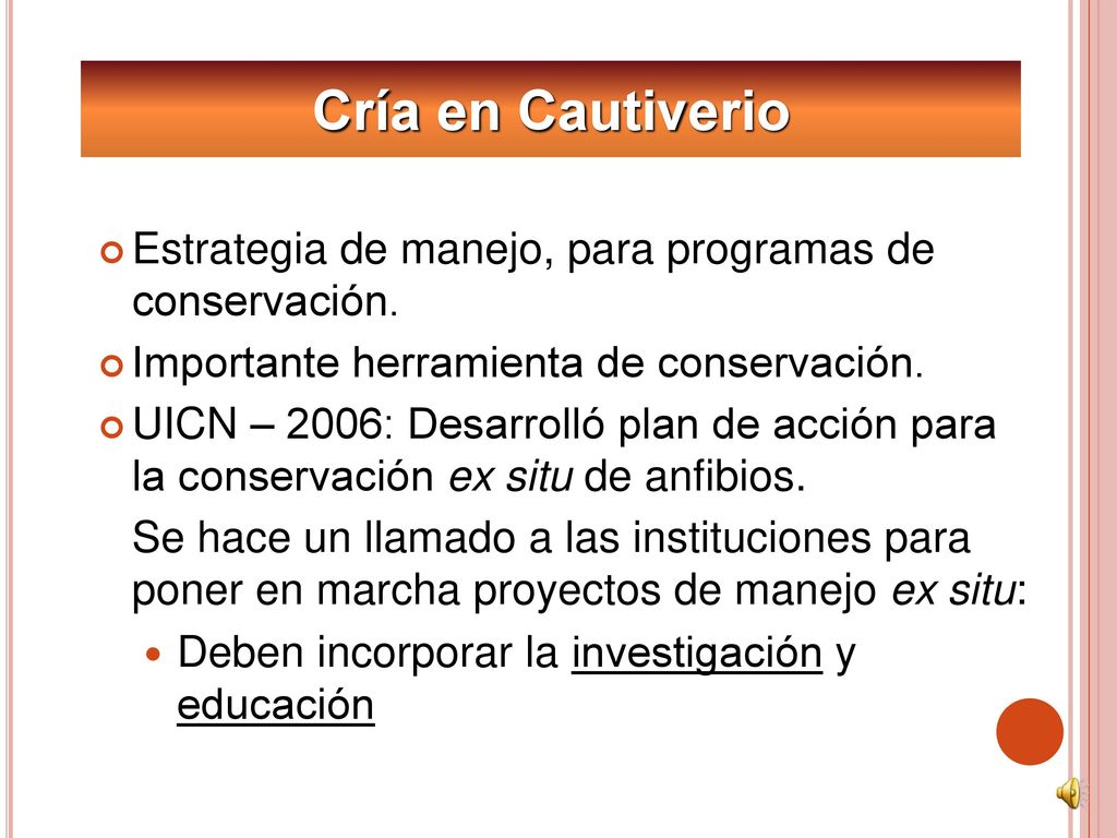 Cría en Cautiverio Estrategia de manejo, para programas de conservación. Importante herramienta de conservación.