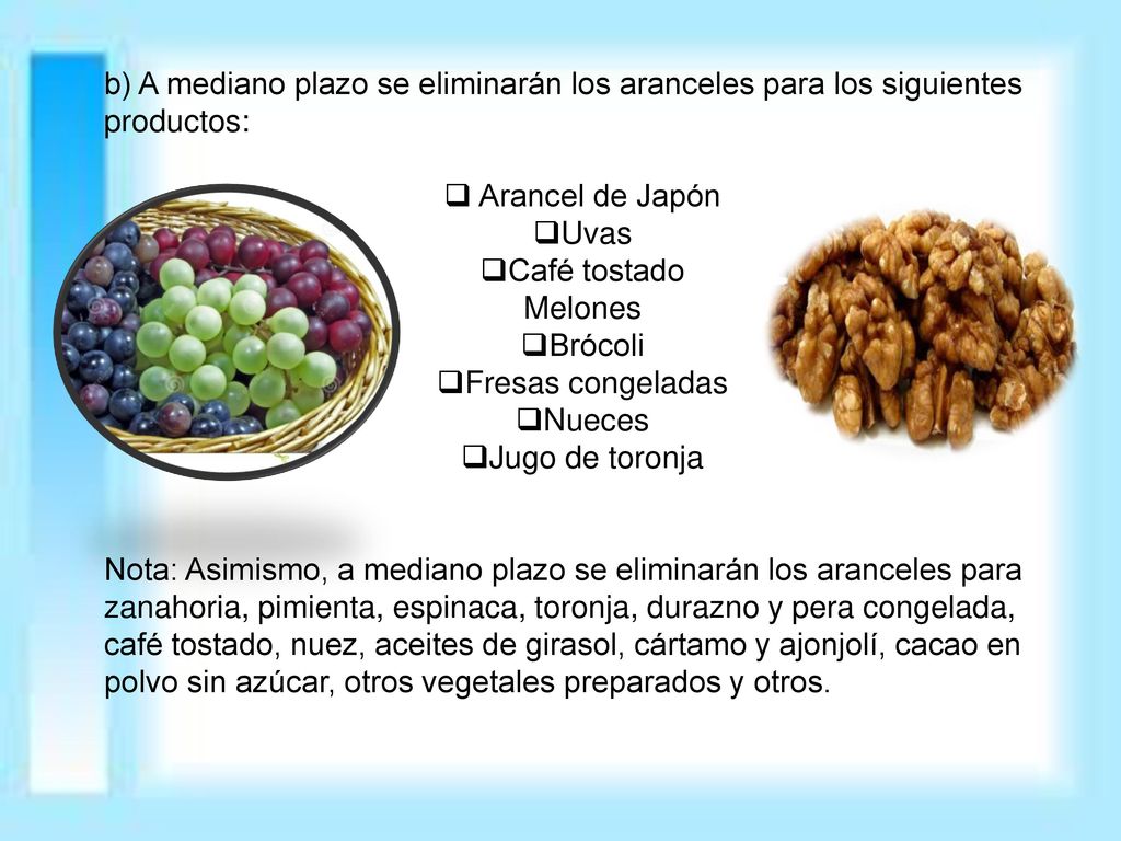 b) A mediano plazo se eliminarán los aranceles para los siguientes productos: