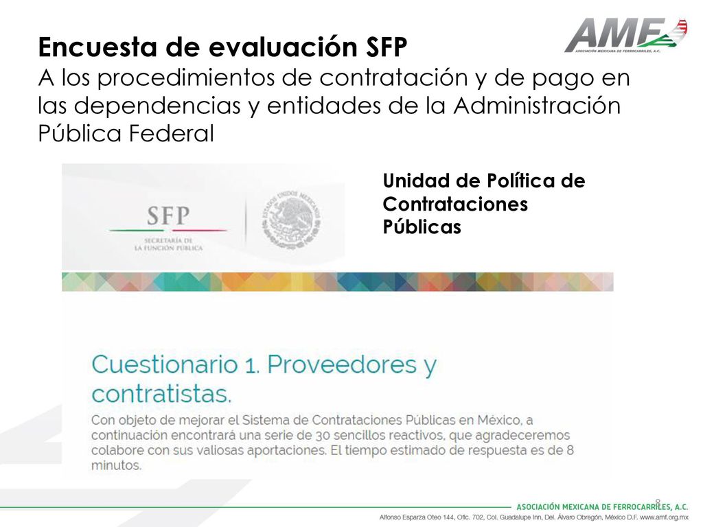 Encuesta de evaluación SFP A los procedimientos de contratación y de pago en las dependencias y entidades de la Administración Pública Federal