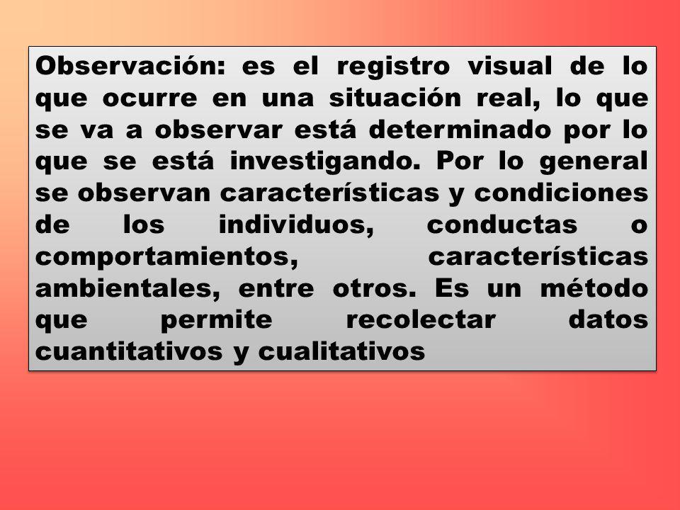Observación: es el registro visual de lo que ocurre en una situación real, lo que se va a observar está determinado por lo que se está investigando.