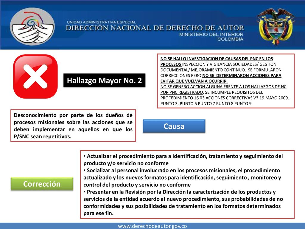 Hallazgo Mayor No. 2 Causa Corrección