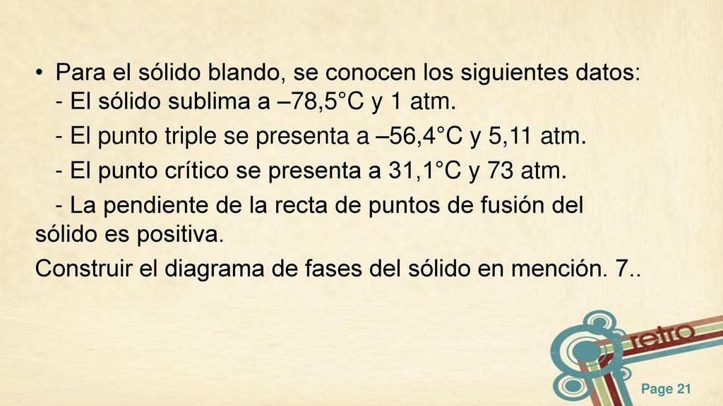 Para el sólido blando, se conocen los siguientes datos: - El sólido sublima a –78,5°C y 1 atm.