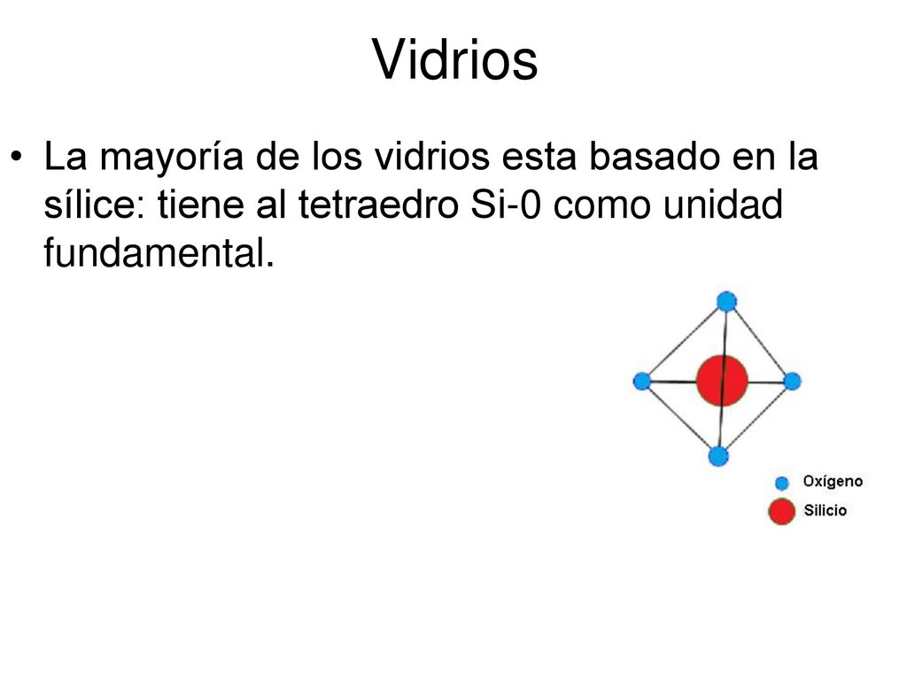 Vidrios La mayoría de los vidrios esta basado en la sílice: tiene al tetraedro Si-0 como unidad fundamental.
