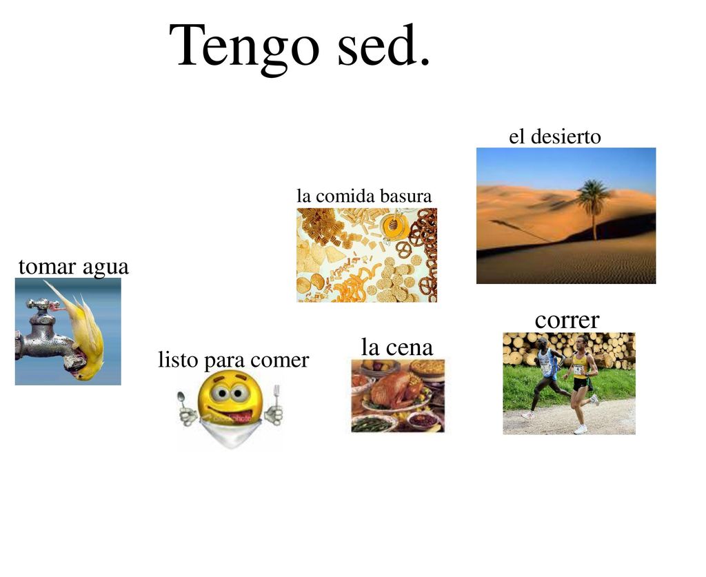 Tengo sed. correr la cena tomar agua listo para comer el desierto