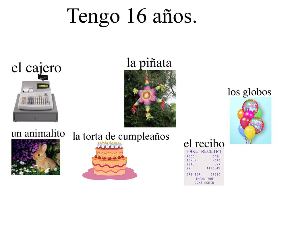 Tengo 16 años. el cajero la piñata el recibo los globos un animalito