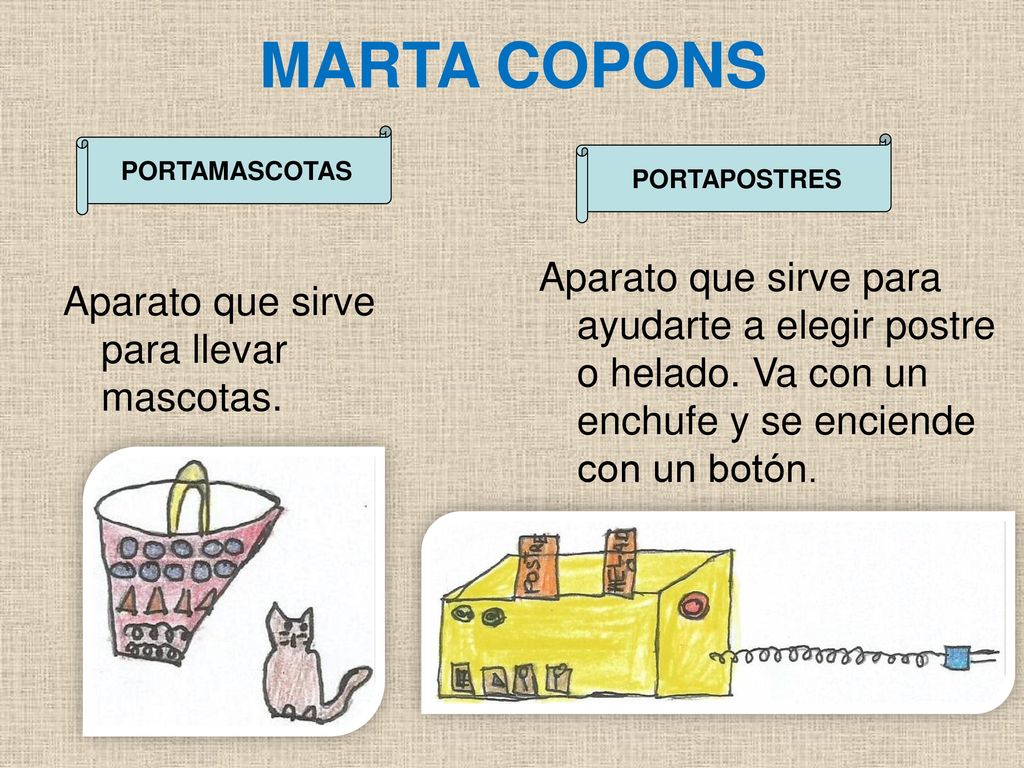 MARTA COPONS PORTAMASCOTAS. PORTAPOSTRES. Aparato que sirve para ayudarte a elegir postre o helado. Va con un enchufe y se enciende con un botón.
