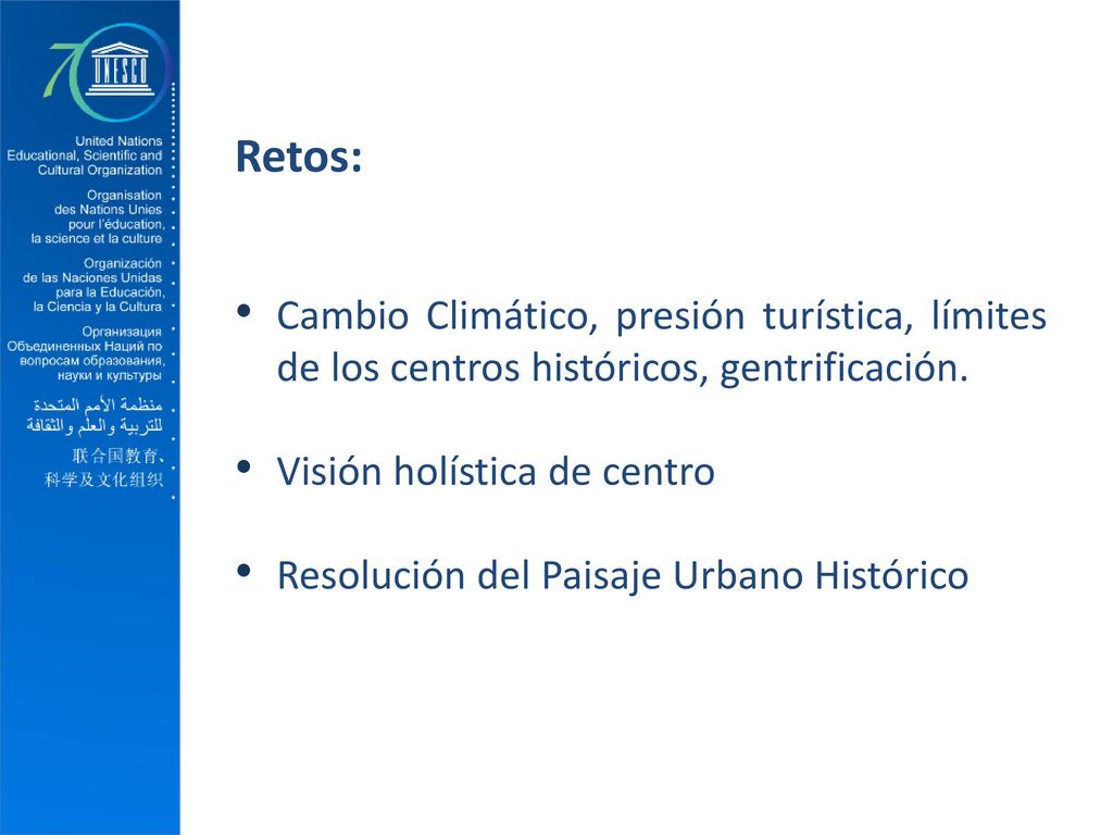 Retos: Cambio Climático, presión turística, límites de los centros históricos, gentrificación. Visión holística de centro.