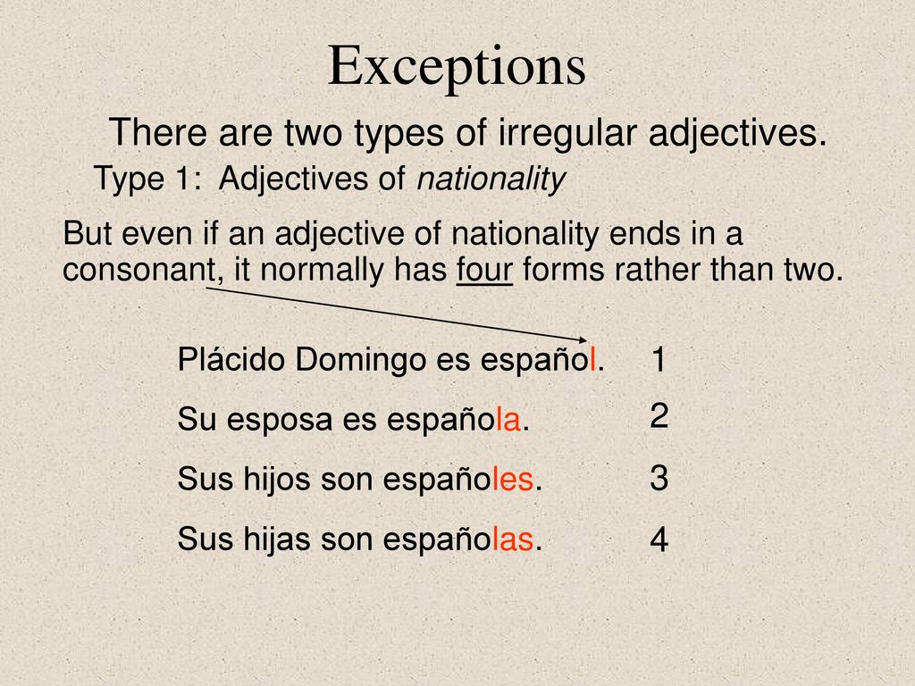 Exceptions There are two types of irregular adjectives