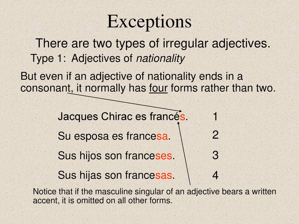 Exceptions There are two types of irregular adjectives